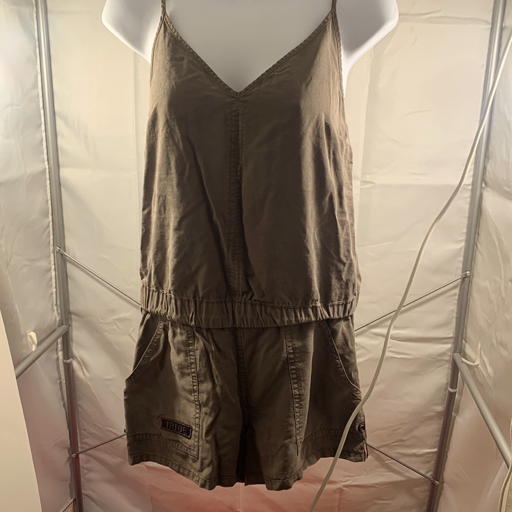 Pam and Gela Romper in military green with gold and black stripes.
